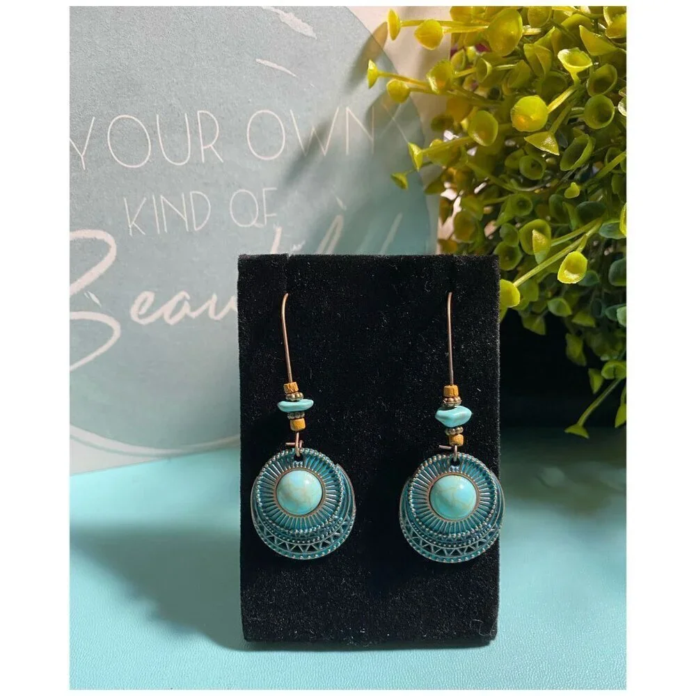NEW Boho Festival Retro Round Turquoise Long Alloy Dangle Earrings
